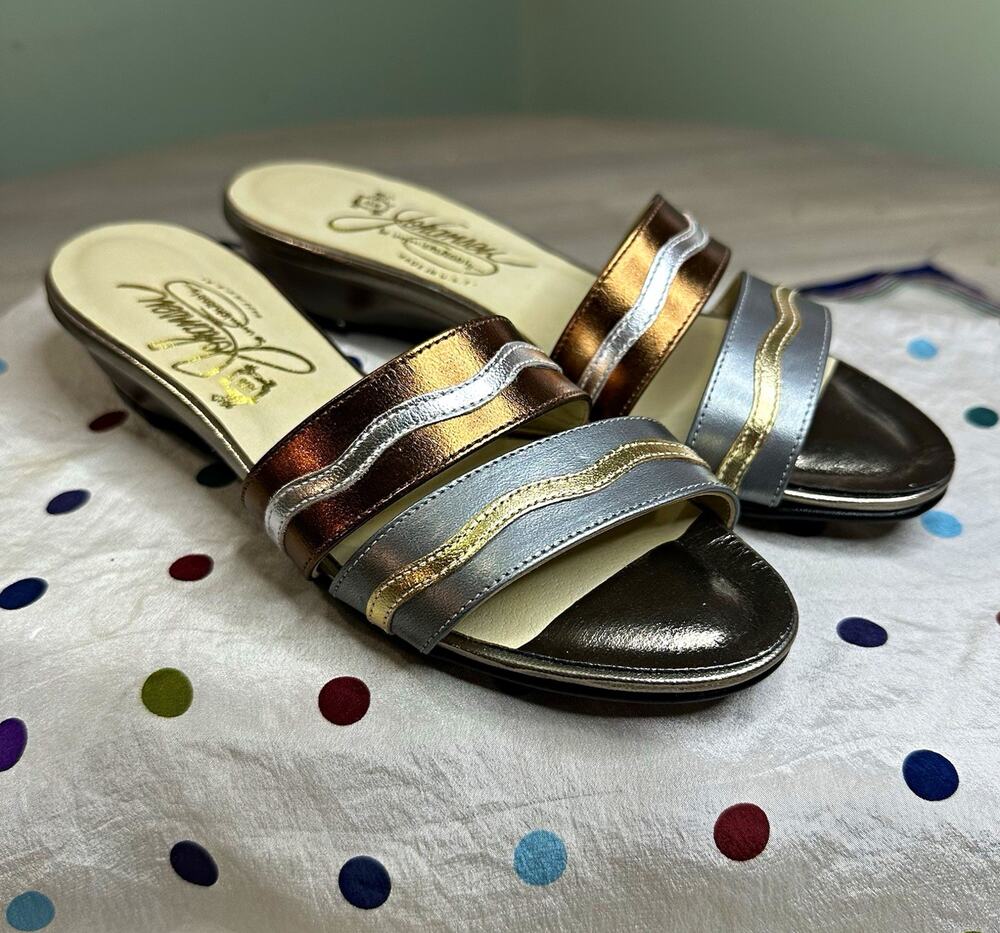 Johansen Metallic Leather Slide Sandals Silver Bronze Gold Women's 6.5 N